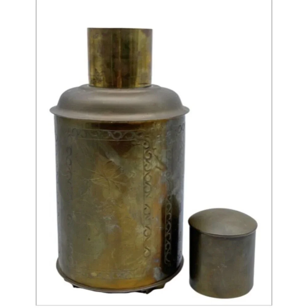 VTG 50s Brass‎ Tea Canister Jar Container Floral Etched Gold 12.5